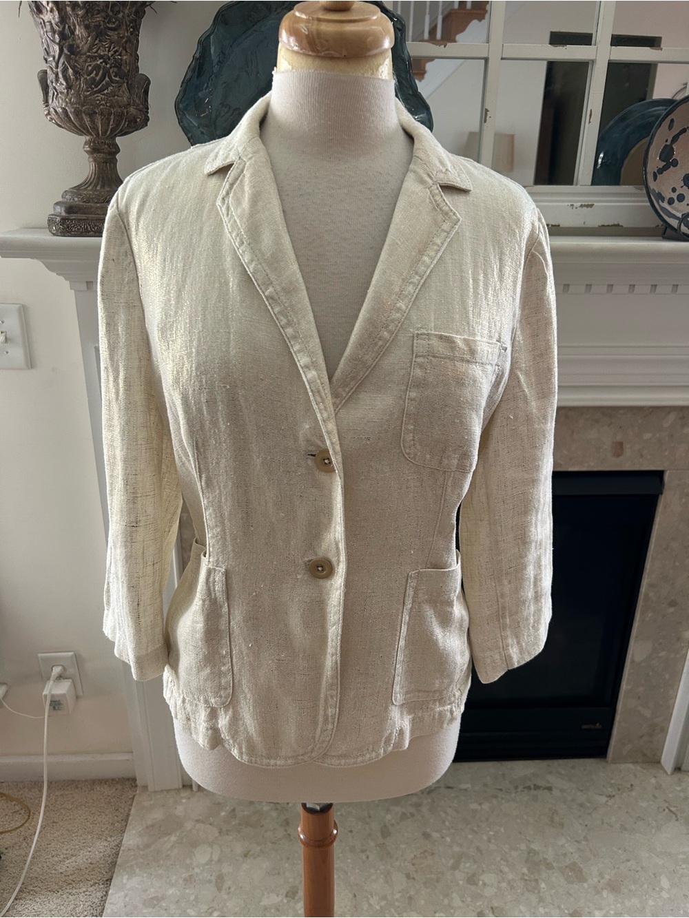 J Crew Vintage Cream /Gold Metallic Cropped Linen Blend Blazer Jacket